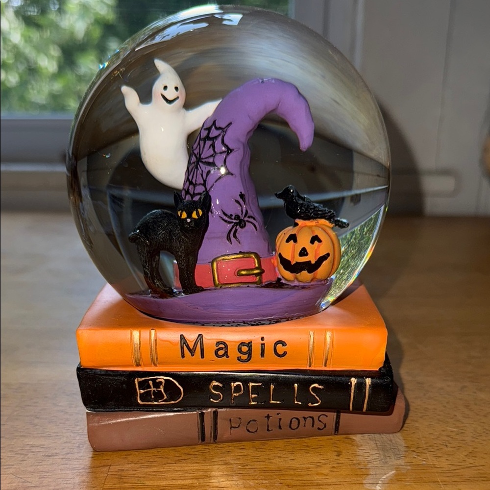 Halloween Snow Globe with Ghost and Witch Hat